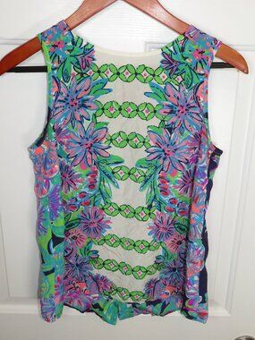 Lilly Pulitzer Iona 100% Silk Sleeveless Top Blouse White Crossed Lions -Small